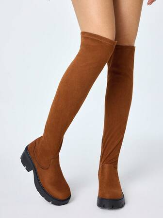 Goth Stivali alti sopra il ginocchio da donna alla moda, con punta tonda, tacco largo e comodi, stivali alti per l'autunno con laccio regolabile e cerniera laterale