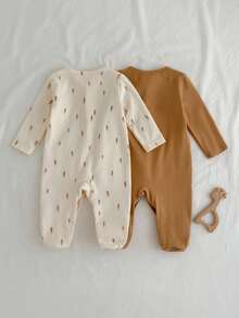 Loomiva Conjunto de 2 piezas de mono de punto suave con cuello redondo de manga larga con estampado floral para bebé recién nacido niña. Ropa de bebé de algodón neutra, unisex para otoño, ropa de bebé de bambú para invierno - Multicolor - Ver 2