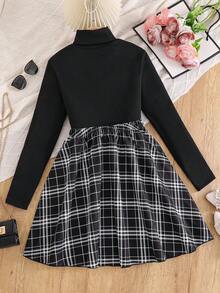 Women's Black Knit Turtleneck Long Sleeve Top Paired With Black Plaid Mini Skirt Set, Fashionable And Elegant, Essential Commuting And Everyday Outfit - Black - View 2