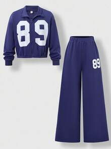 SHEIN Explorewe Tween Girls 复古风格 89 图案印花 Polo 领拉链夹克和阔腿裤套装，适合学校、滑板公园和街头穿着 - 藏蓝色 - 查看 3