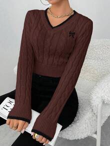 EMERY ROSE 秋冬时尚蝴蝶刺绣V领粗针织女套头衫 - 咖啡棕 - 查看 4