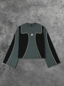 ROMWE MEN Street Life Men's Colorblock English Graphic Print Short Long Sleeve T-Shirt, Spring/Autumn - Black - View 1