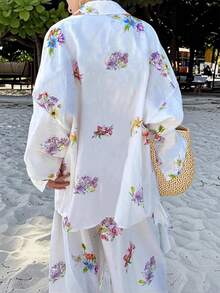 INAWLY Damen 2-teiliges Set mit Blume Muster, bestehend aus Langarm-Hemd mit Tasche und Hose, Lässig