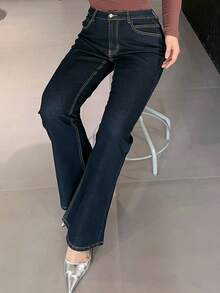 Quần jeans ống loe dáng ôm co giãn màu tối cỡ lớn, phù hợp cho mọi mùa - Rửa tối - Xem 4