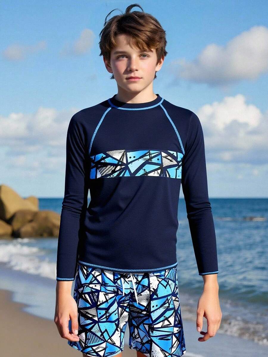 SHEIN 青少年男童两件套长袖防晒衣和沙滩短裤泳衣套装，休闲酷炫运动风格，适合度假 - 彩色 - 查看 1