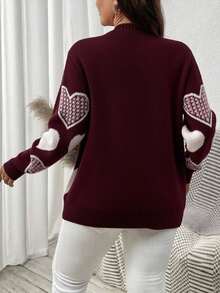 Elenzga Plus Size Casual Colorblock Heart Studded Embellished Cardigan, Autumn - Burgundy - View 2