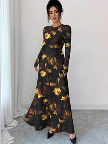 Modelyn 复古做旧花卉印花圆领长袖 A 字裙，女式，春秋季 - 彩色 - 查看 4