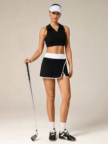 Hanevo Women's Solid Color Turndown Collar Cropped Fitness Sports Tank Top - Black - View 3