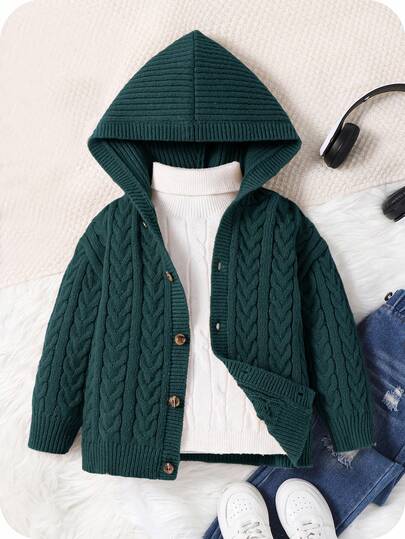 1 pieza Cardigan con capucha cómodo y holgado, estilo casual y lindo para niño pequeño, adecuado para salidas, escuela, reuniones diarias, otoño/invierno