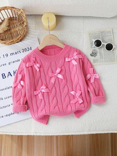 SHEIN Playful Pals 1pc Young Girl Versatile Girls' Sweater, Minimalist Round Neck Twist Texture Design With Cute Bow Decor, Long Sleeve Regular Thickness, Comfortable & Well-Crafted, Stylish For Casual Outings In Autumn/Winter Fall
