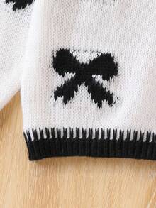 1 件女童毛衣套装，可爱甜美风格，黑色蝴蝶结提花，黑白撞色领口，圆领，长袖白色套头衫搭配白色阔腿裤，柔软亲肤，时尚简约，质地顺滑，易于护理，休闲必备，秋冬 - 白色 - 查看 4