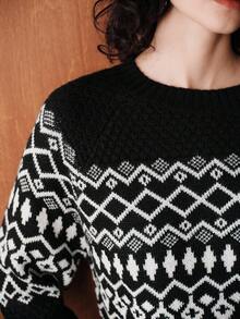 Zovinel Vintage Loose Fit Crew Neck Long Sleeve Contrast Color Diamond Jacquard Knit Pullover Sweater For Women, Autumn/Winter - Black - View 6