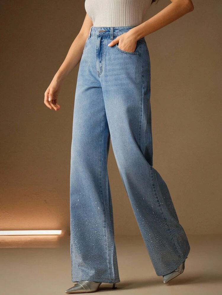 New Rhinestone Embellished Blue Straight Leg Jeans For Women, Suitable For Valentine's Day Party
