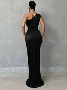 SHEIN Tall 女士缎面面料优雅长款派对连衣裙 - 黑色 - 查看 2