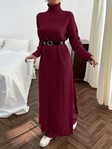 EURMUSE Women Solid Color Rib Knit Turtleneck Slit Detailed Long Sweater Dress & Sweater Pants Set - Burgundy - View 4