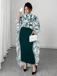 Elenzga Plus Size V-Neck Chiffon Floral Print Ruffle Trim Cape Top + Knit Camisole Dress Elegant 2-Piece Set - Dark Green - View 1