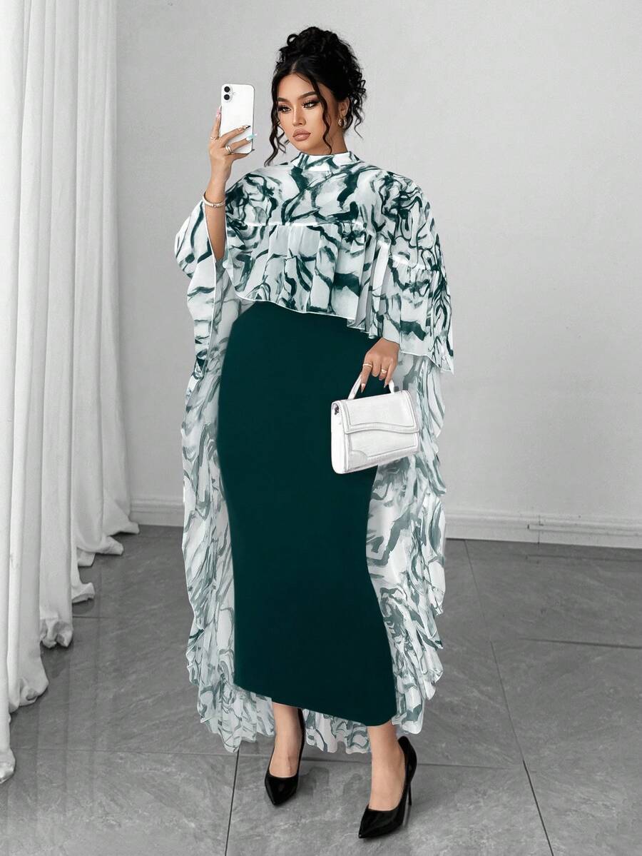 Elenzga Plus Size V-Neck Chiffon Floral Print Ruffle Trim Cape Top + Knit Camisole Dress Elegant 2-Piece Set - Dark Green - View 1