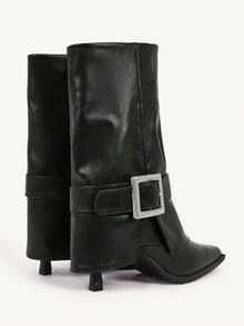 CUCCOO CHICEST 女士秋冬新品水晶扣尖头细高跟鞋优雅奢华通勤时尚前卫哥特式黑色仿皮中筒靴，适合下午茶、约会、时尚派对、职场、优雅装扮、酒吧、夜总会、街头风格、万圣节、圣诞节、感恩节、百搭基本款 - 黑色 - 查看 11