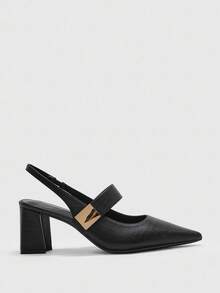 CUCCOO BIZCHIC Square Buckle Fashionable Comfortable Commuter Pointed Toe Chunky High Heel Sandals - Black - View 2