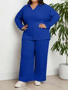 EURMUSE Ensemble 2 pièces grande taille, Top ample à manches longues et pantalon large - bleu indigo - Voir 6