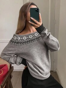 DAZY 复古图案提花露肩长袖宽松休闲街头针织毛衣，秋冬女士 - 灰色 - 查看 3
