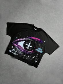PAVTROS Camiseta corta de cuello alto con mangas de murciélago y estampado gráfico de ojo grande, estilo callejero estadounidense - Negro - Ver 4