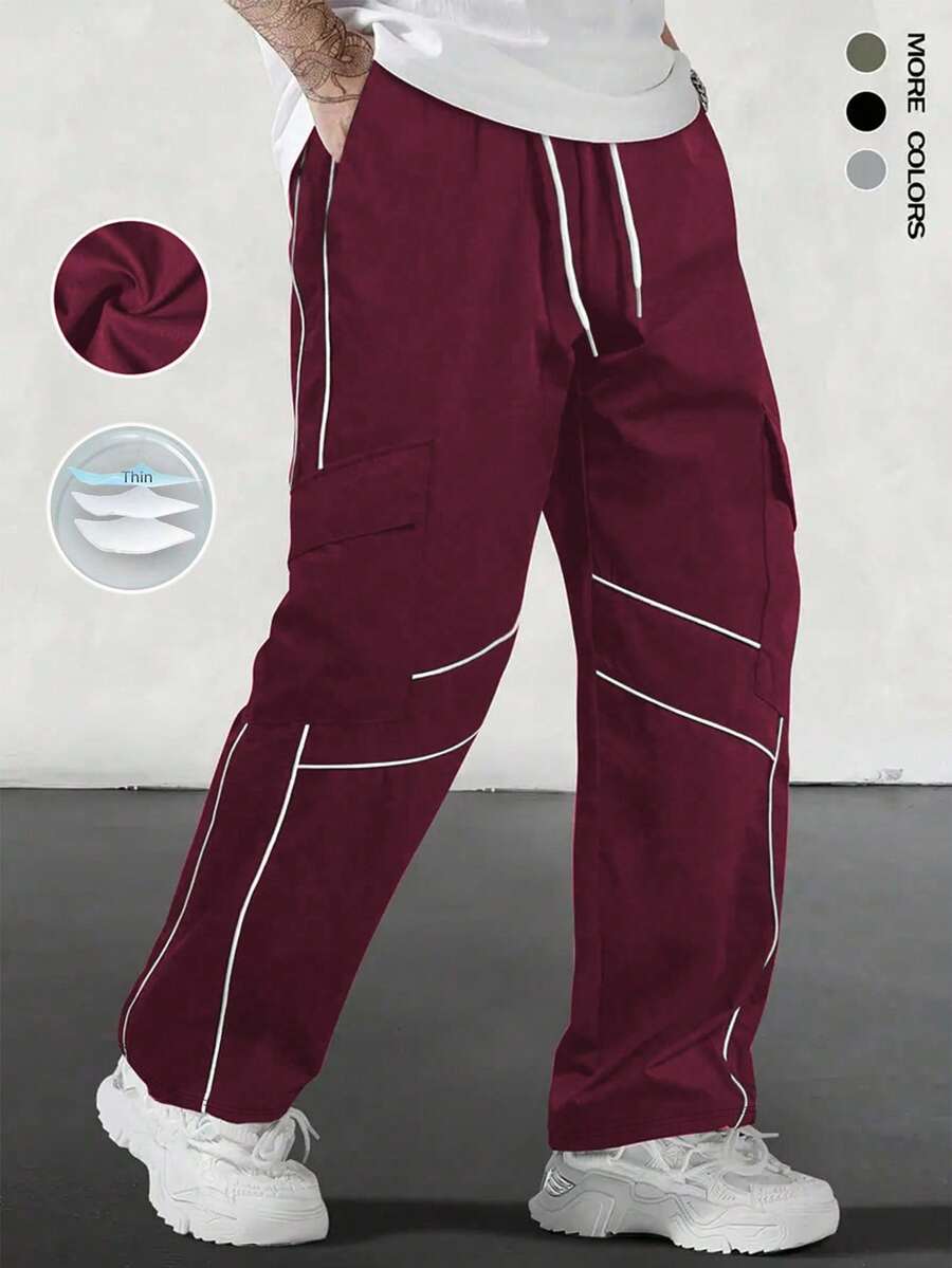 Gym Rark Men's Contrast Piping Drawstring Waist Slant Pocket Lightweight Cargo Pants Sweat Pants - Burgundy - View 1