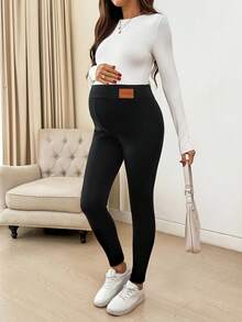 SHEIN Maternity Casual Thermal Lined Leggings, Autumn/Winter - Black - View 9