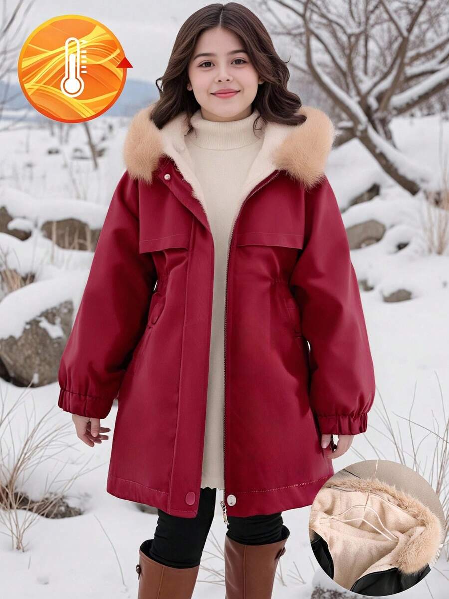 少女时尚加厚保暖内衬优雅简约时尚毛领长款户外外套,适合秋冬季节、派对、卡其色秋季穿着 - 酒紅色 - 查看 1
