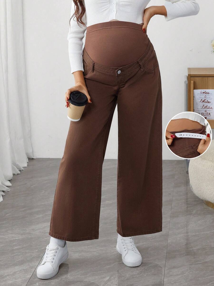 SHEIN 可调节腰部宽松孕妇休闲牛仔裤 - 棕色 - 查看 1