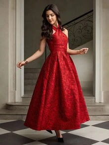 ZEYLAH Váy yếm Jacquard thanh lịch gợi cảm dành cho nữ - Đỏ - Xem 1