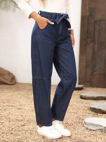 SHEIN LUNE Women's Solid Color Pocket Straight Leg Tie Waist Casual Jeans - Blue - View 3