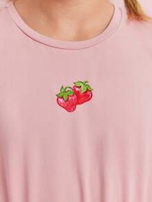 Strawberry Shortcake X SHEIN Váy dài tay in họa tiết dâu tây và hoa cho bé gái tuổi mới lớn nơ trang trí dễ thương - Màu Hồng baby - Xem 3