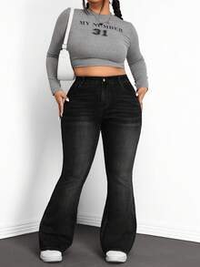 SHEIN CURVE+ 大码女式修身喇叭腿纽扣口袋休闲牛仔裤 - 黑色 - 查看 5