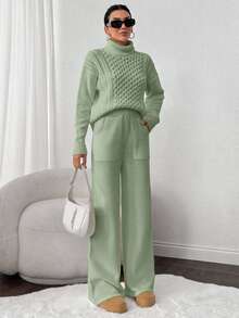 SHEIN Cottnline 2pcs Set: Cable Knit Turtleneck Long Sleeve Top And Solid Color Pants - Mint Green - View 3