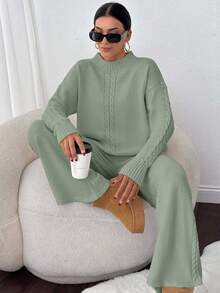 EURMUSE 2pcs Solid Color Knitted Sweater And Pants Set, Casual For Autumn/Winter - Mint Green - View 4