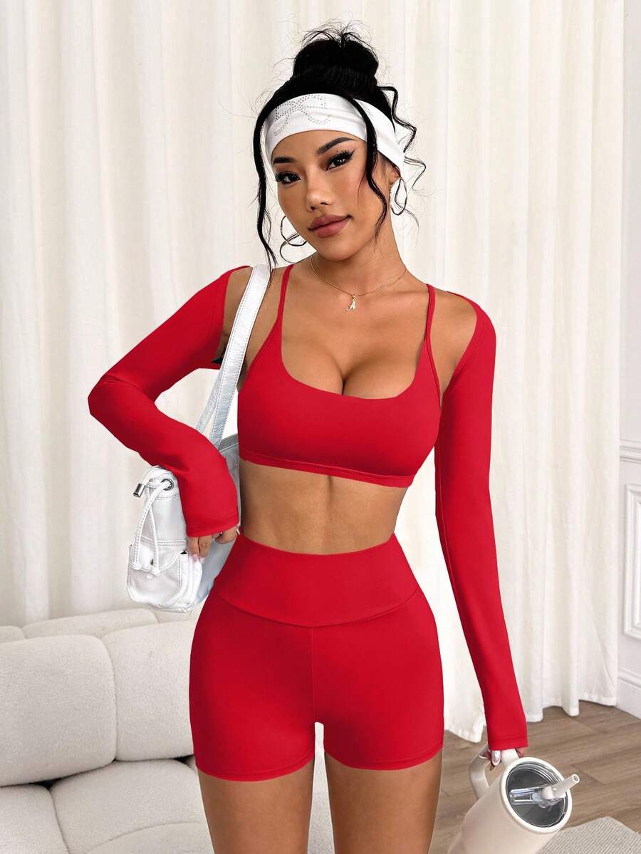 Slayform 女士时尚休闲超短袖披肩、细肩带交叉后背设计紧身衣和紧身短裤三件套运动服套装 - 紅色 - 查看 1