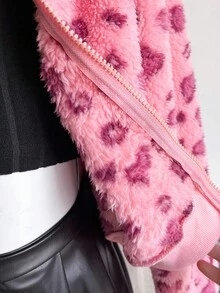 少女休闲 Y2K 风格粉色豹纹可爱学生日常穿着街头风仿毛领夹克