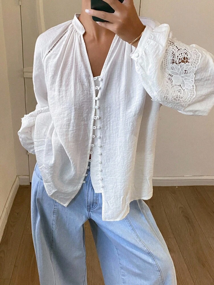 Women's Casual Loose Solid Color Stand Collar Button Lantern Sleeve Contrast Lace Blouse, Suitable For Vacation In Autumn Long Sleeve Top