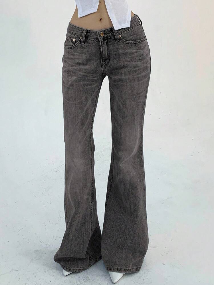 Women's Front Button Pocket Casual Flare Jeans Low Rise Jeans