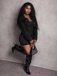 Jeanoix Plus Size Autumn Fashion Washed Flap Pocket Cropped Denim Jacket