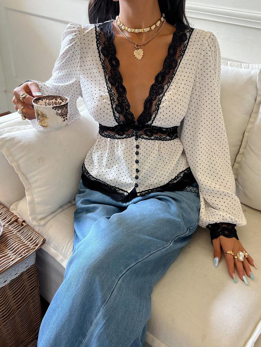 Serisse 女士休闲性感度假风波点印花深V领蕾丝荷叶边上衣，春秋季，适合女士穿着，冬季，新年，派对，婚礼，毕业典礼，优雅休闲，黑色蕾丝拼接波点面料，法式优雅夏季 - 杏色 - 查看 1