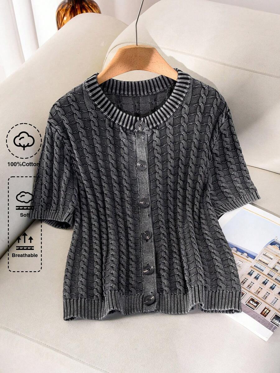 CosyJoli Women Plus Size Casual Washed Melange Cable Knit Short Sleeve Cardigan, Grey Button Up Ribbed Knit Top For Smart Casual Everyday, Fall/Winter - Black - View 1