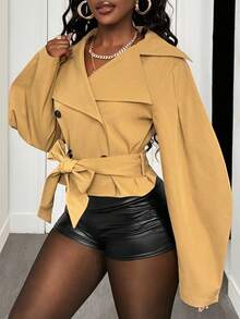 SHEIN BamGlam Áo gió tay ngắn dài cài hai hàng khuy rộng rãi cho nữ - Màu Khaki - Xem 5