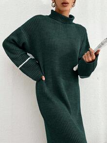 SHEIN Cottnline Turtleneck Ribbed Colorblock Casual Long Sleeve Women Sweater Dress - Dark Green - View 3