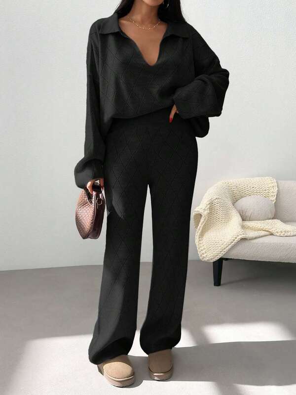 Woman Checkered Jacquard Polo Neck Two Pieces Sweater And Pants Co-Ords