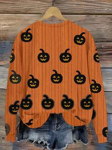 EMERY ROSE Suéter de mujer con estampado de calabaza de Halloween, cuello redondo con estampado gráfico completo de punto - Amarillo - Ver 2