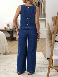 EMERY ROSE 女士休闲时尚街头风格无袖牛仔背心和直筒牛仔裤套装，春夏秋 - 藍色 - 查看 2