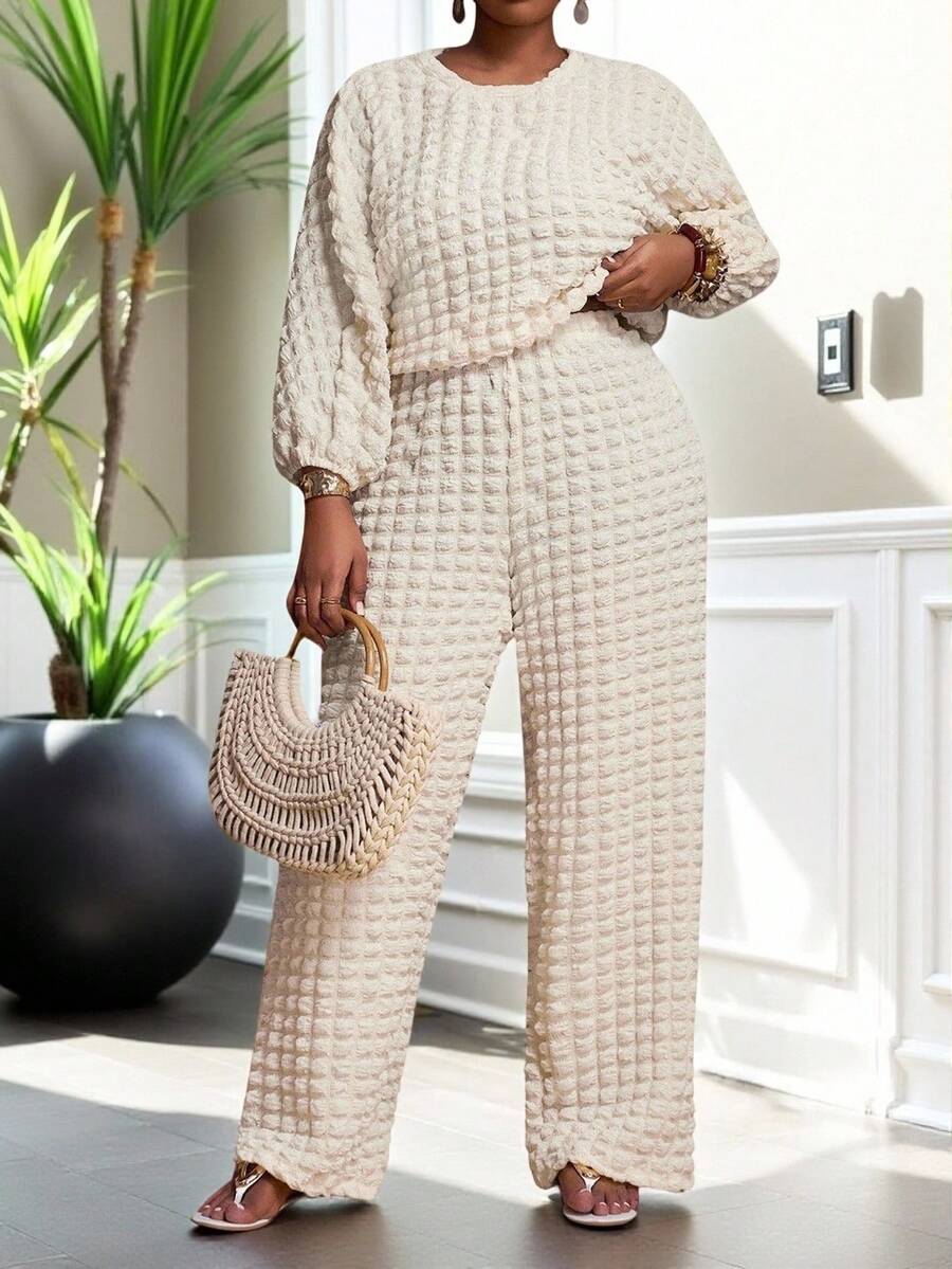 Slaydiva Autumn Plus Size Women Casual Elegant Bubble Sleeve Top And Wide Leg Pants Set,Peach Everyday Smart Casual Street Style,Fall Clothes For Women - Brown - View 1
