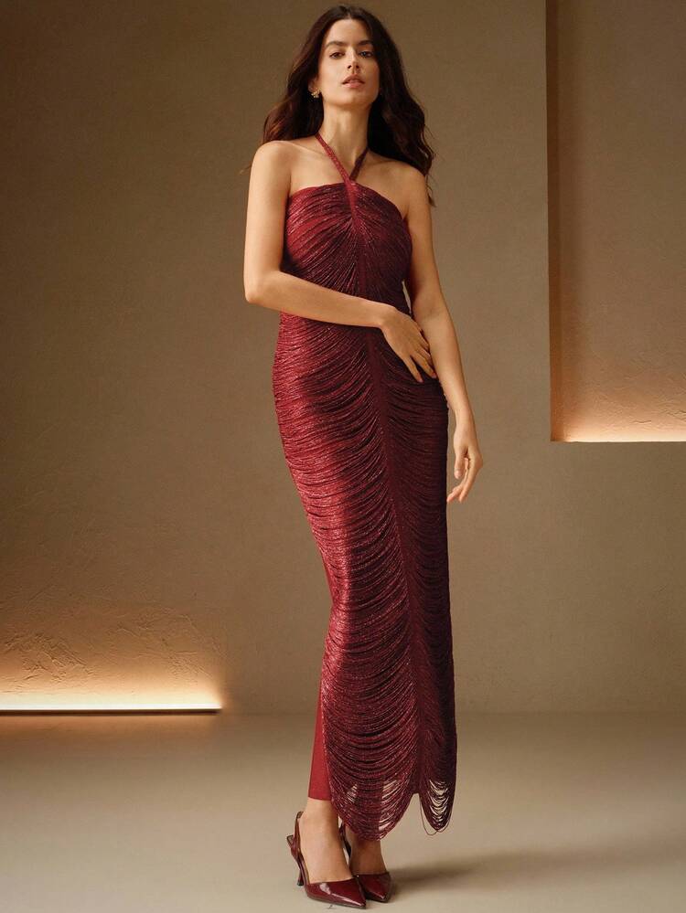 Elegant Cinnabar Red Bodycon Halter Tassel Dress, Luxurious Evening Gown, Fashionable Party Dress